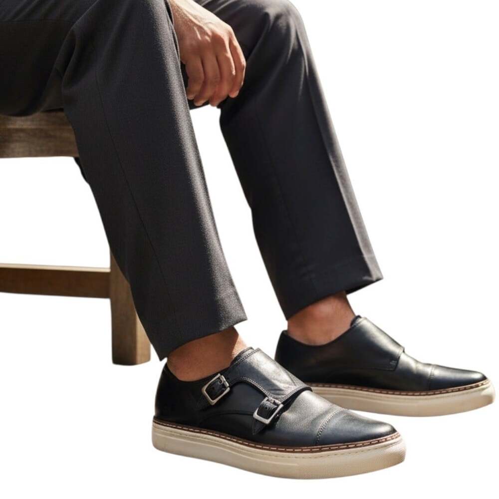 Florsheim Black Leather Double Monk Strap Sneakers Size 10.5